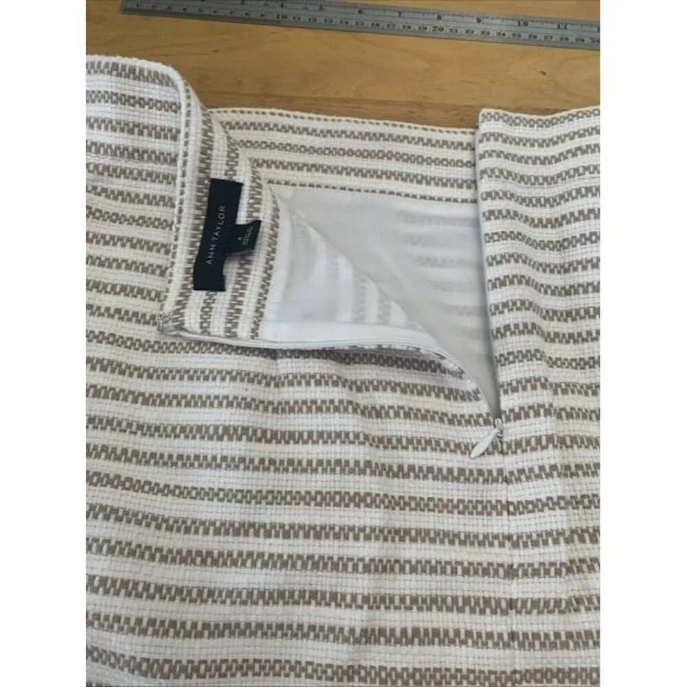 Ann Taylor Cotton Skirt Ivory Tan Stripe Tweed Sz 8 Faux Wrap Lined Fringe NWOT